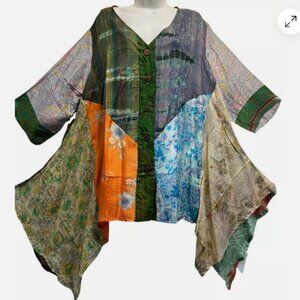 Nwt FUNKY STUFF patch hippy boho pure light sari silk TOP TUNIC 3X